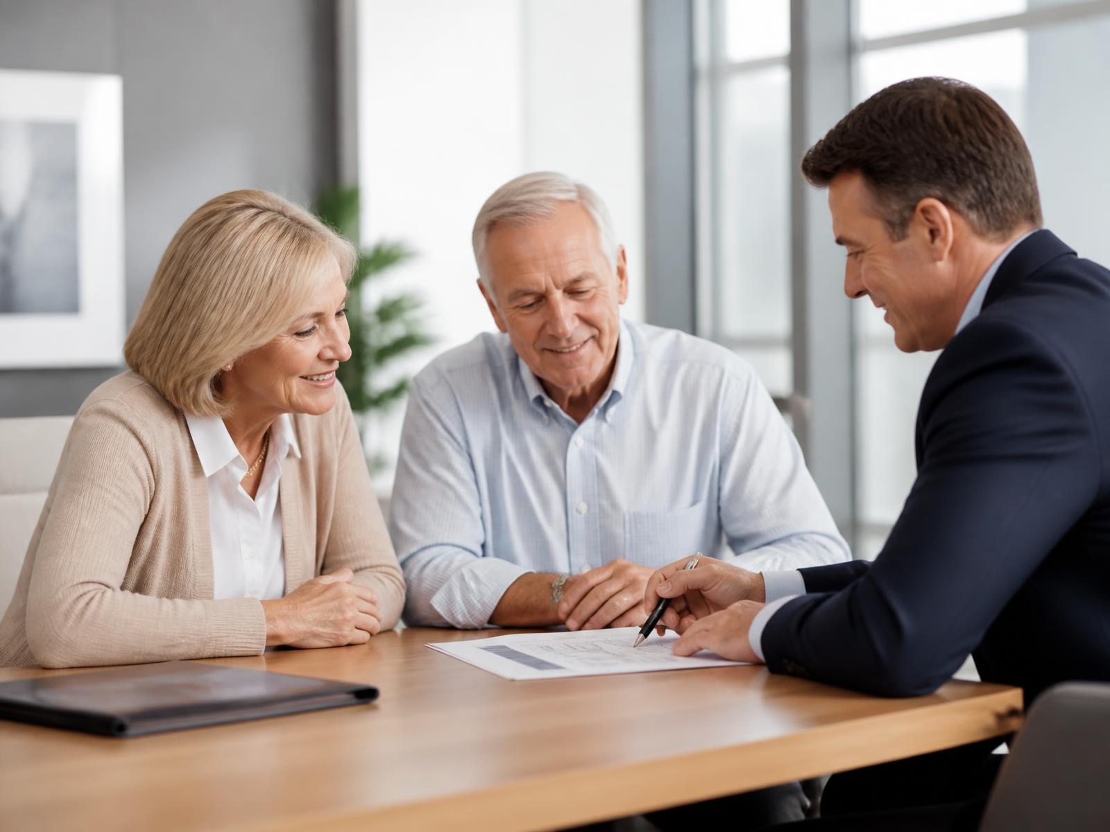 A licensed financial advisor reviewing annuity documents with a retired couple