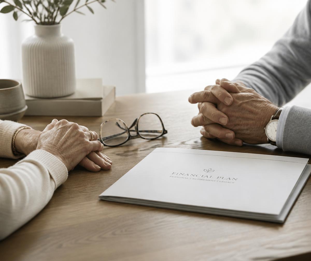 A retired couple's hands resting beside a financial plan folder